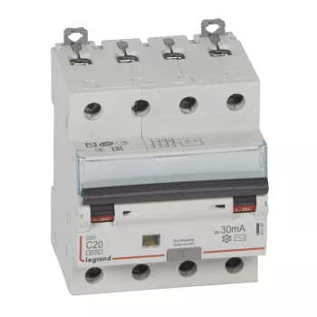 Автоматический выключатель дифференциального тока (АВДТ) Legrand DX3, 20A, 30mA, тип AC, кривая отключения C, 4 полюса, 6kA, электро-механического типа, ширина 4 модуля DIN