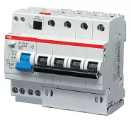 Автоматический выключатель дифференциального тока (АВДТ) ABB DS204, 16A, 30mA, тип A, кривая отключения C, 4 полюса, 6kA, электро-механического типа, ширина 8 модулей DIN
