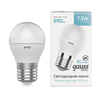 Лампа Gauss Basic Шар 7,5W 690lm 4100K E27 LED 220V