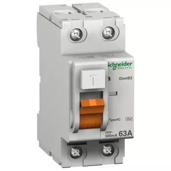 Устройство защитного отключения (УЗО) Schneider Electric Domovoy, 2 полюса, 63A, 30 mA, тип AC, электро-механическое, ширина 2 DIN-модуля