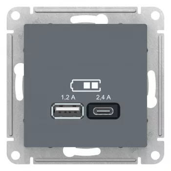 Розетка usb для зарядки Schneider Electric Atlas Design, с разъёмами тип А + тип С, на винтах, грифель