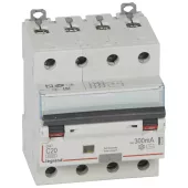 Автоматический выключатель дифференциального тока (АВДТ) Legrand DX3, 20A, 300mA, тип AC, кривая отключения C, 4 полюса, 6kA, электро-механического типа, ширина 4 модуля DIN