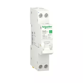 Автоматический выключатель дифференциального тока (АВДТ) Schneider Electric Resi9, 25A, 30mA, тип AC, кривая отключения C, 2 полюса, 6kA, электро-механического типа, ширина 1 модуль DIN