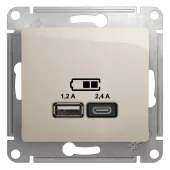 Розетка usb для зарядки Schneider Electric Glossa, с разъёмами тип А + тип С, на винтах, молочный