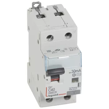 Автоматический выключатель дифференциального тока (АВДТ) Legrand DX3, 40A, 30mA, тип AC, кривая отключения C, 2 полюса, 6kA, электро-механического типа, ширина 2 модуля DIN
